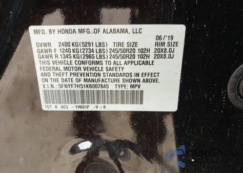 2019 Honda Passport Ex-L z USA, uszkodzony, nr VIN 5FNYF7H51KB007845